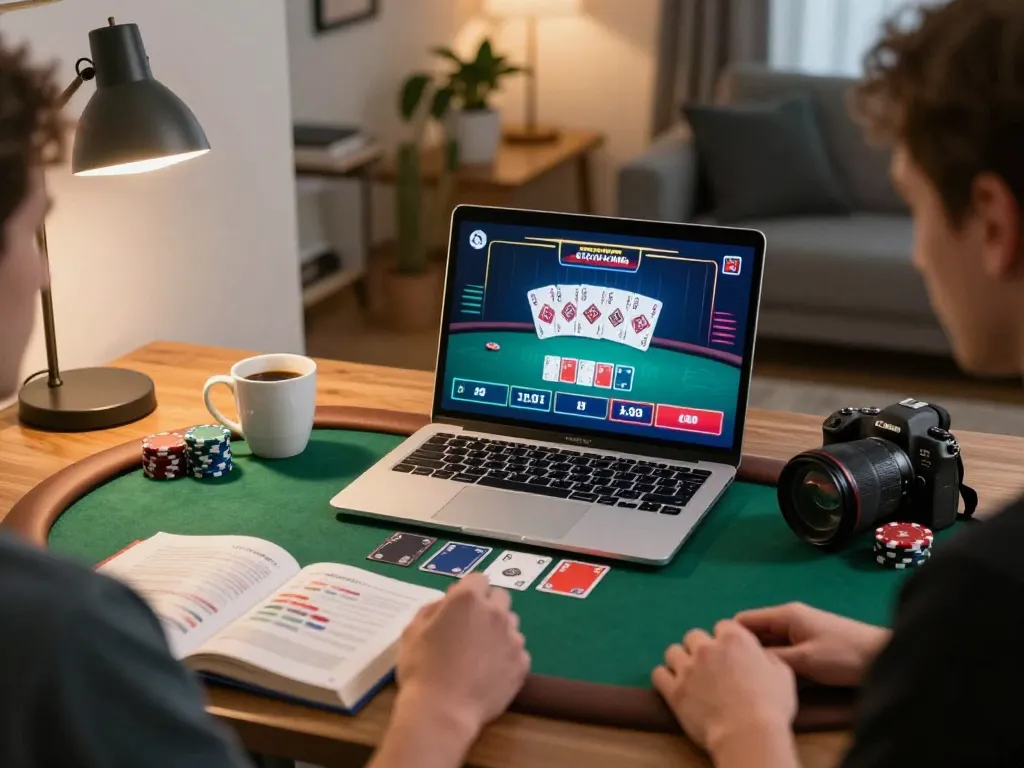 Engaged player strategizing during a HITCLUB poker game on a laptop in a cozy setting.