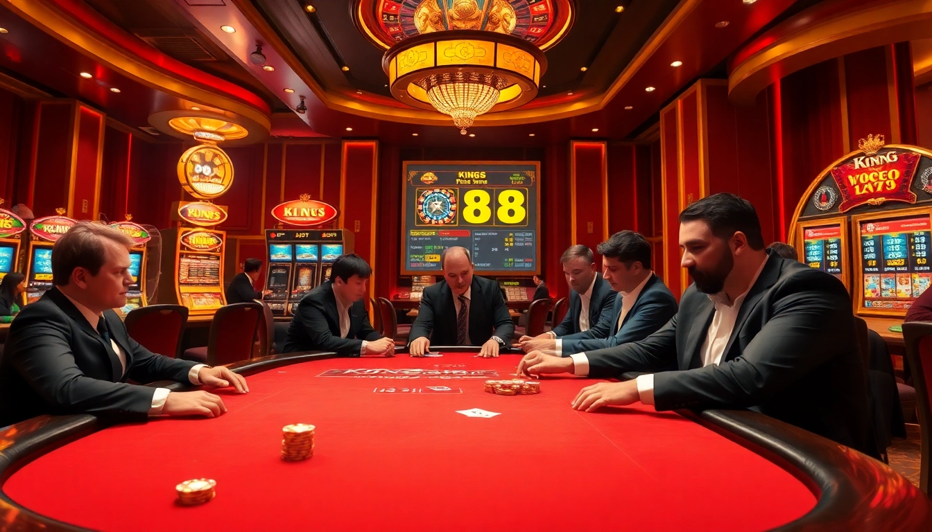 High-stakes poker action at king 88 casino with vibrant slot machines and roulette table.