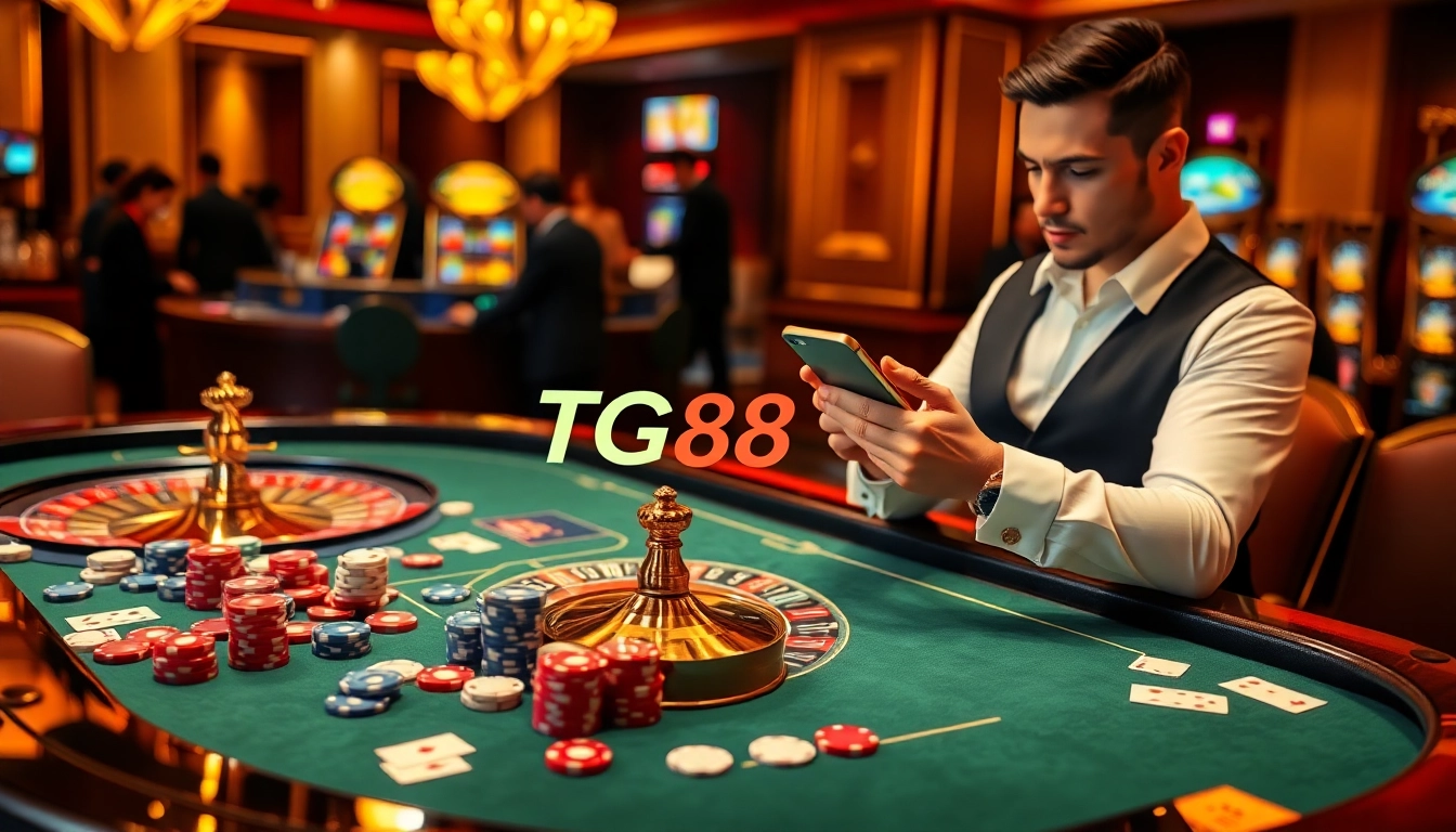 Engaging professional gambler using TG88 platform with dynamic casino tables and poker chips