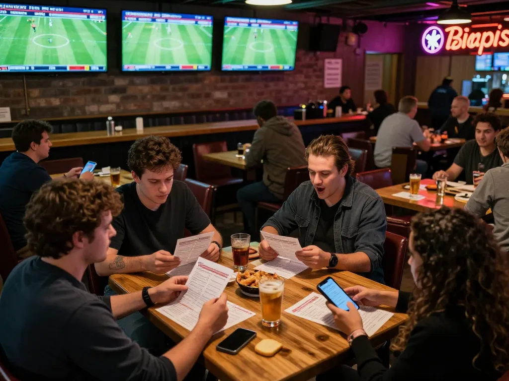 Engaged sports bettors analyzing kèo nhà cái in a vibrant sports bar setting.