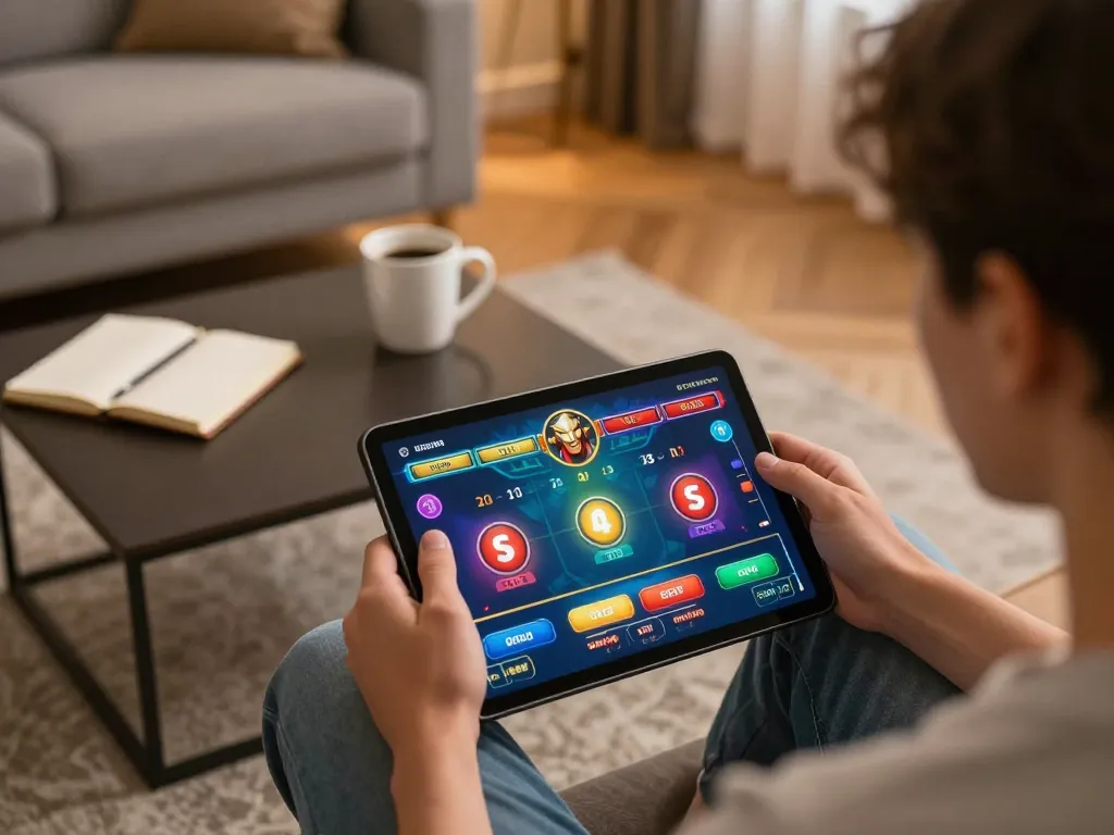 Engaged player enjoying fun 79 casino gaming on a tablet in a cozy home setting