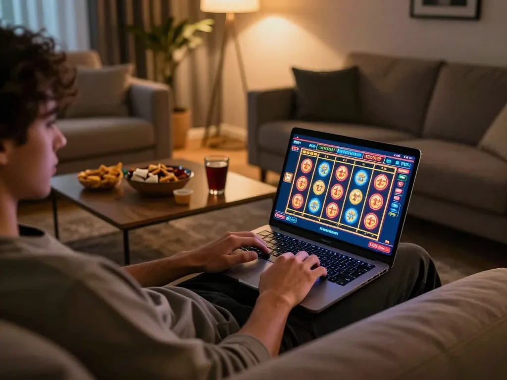 Engaged in online gaming on Vmax ok with a vibrant slot interface in a cozy home setting.