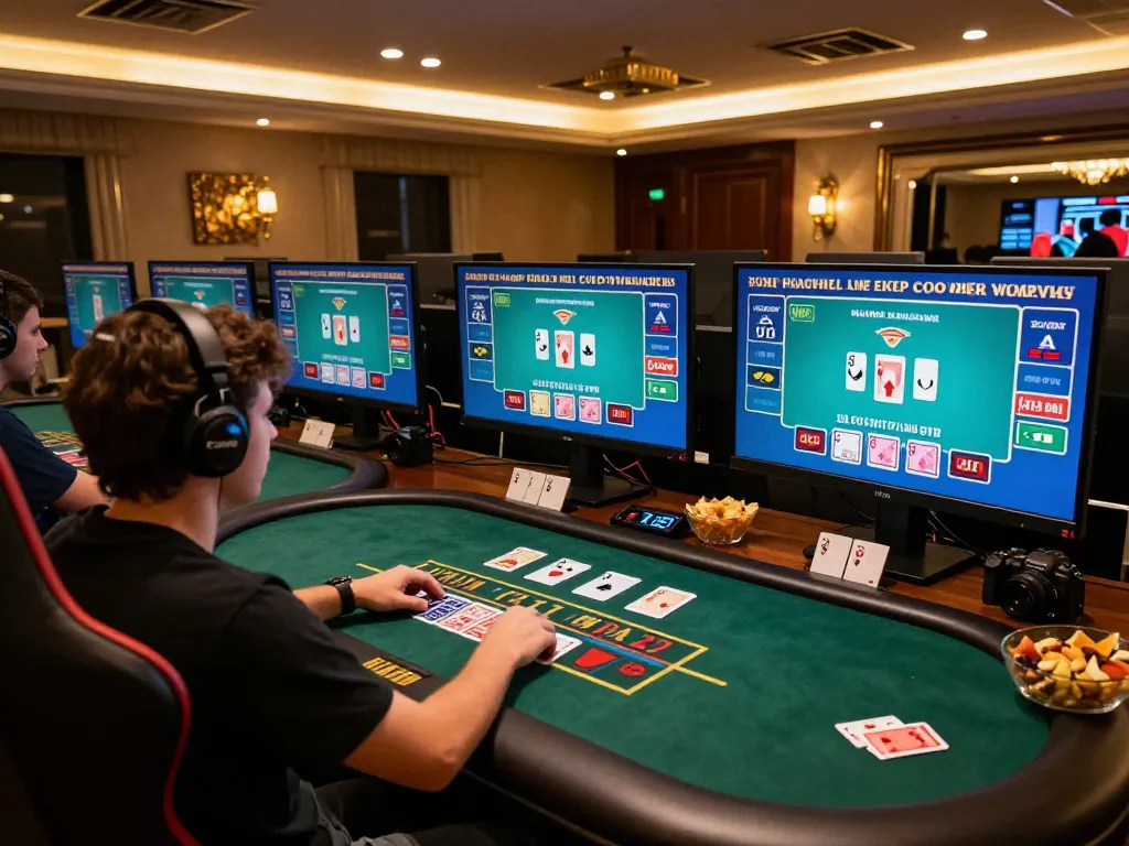 Engaging in live dealer blackjack on kp88, with multiple screens and immersive atmosphere