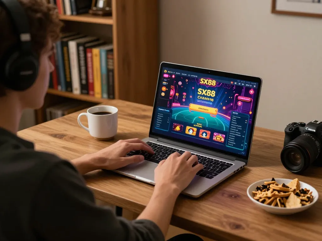 Sitting at home, a player enjoys the sx88 casino platform on a laptop with vibrant graphics on the screen.