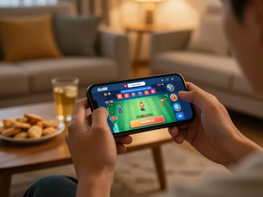 Playing Go88 on a smartphone while enjoying a cozy nighttime atmosphere with snacks