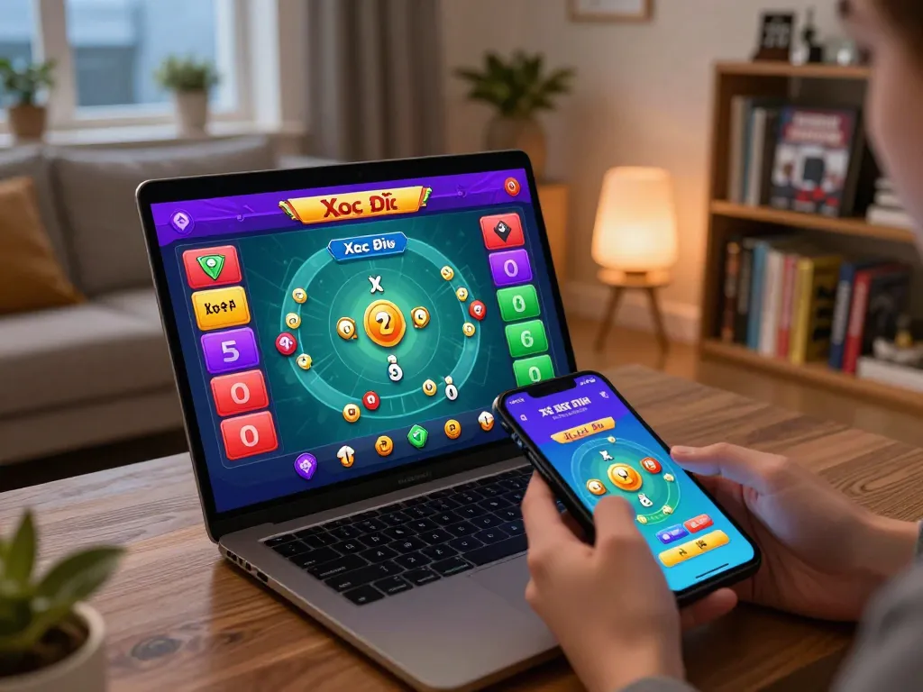 Xóc Đĩa Online gameplay on a laptop with mobile app in an inviting home setting.