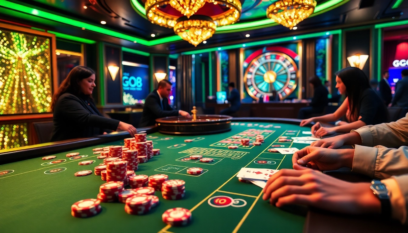 Players enjoying a thrilling game at the GO8 casino table with vibrant poker chips and cards.