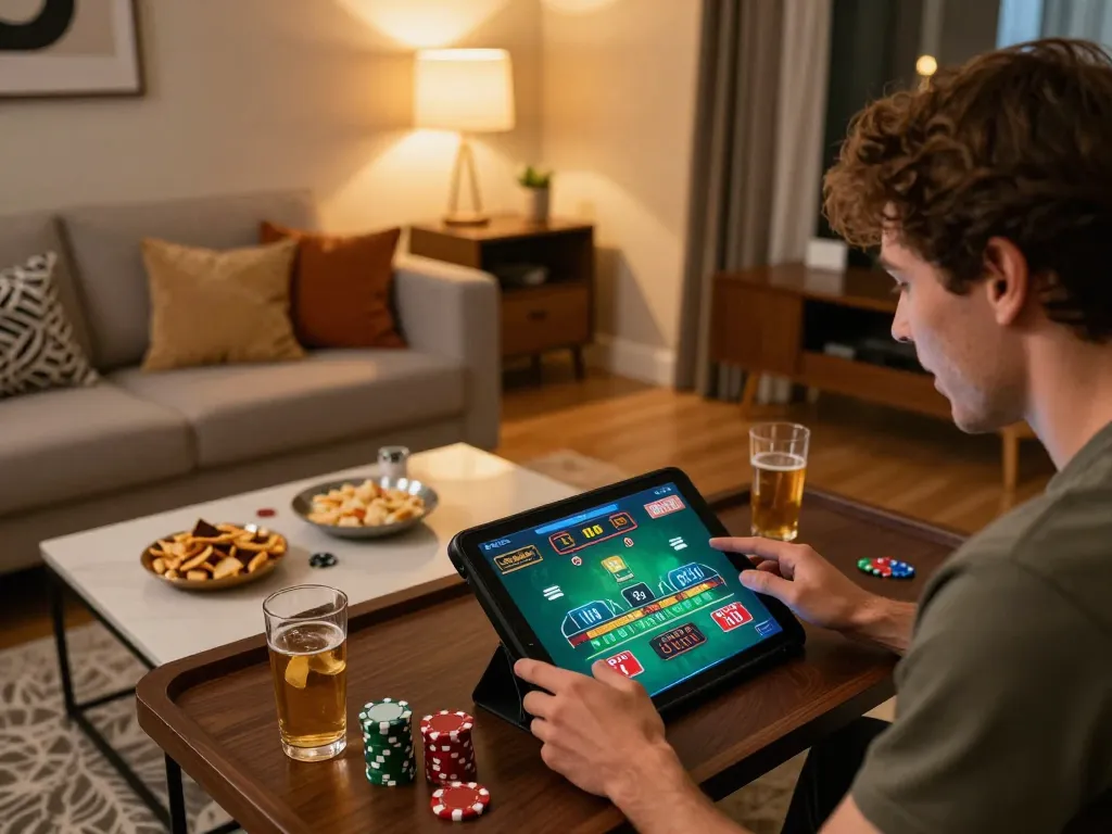 Experience online blackjack excitement at https://go8.agency/ in a cozy living room setup.