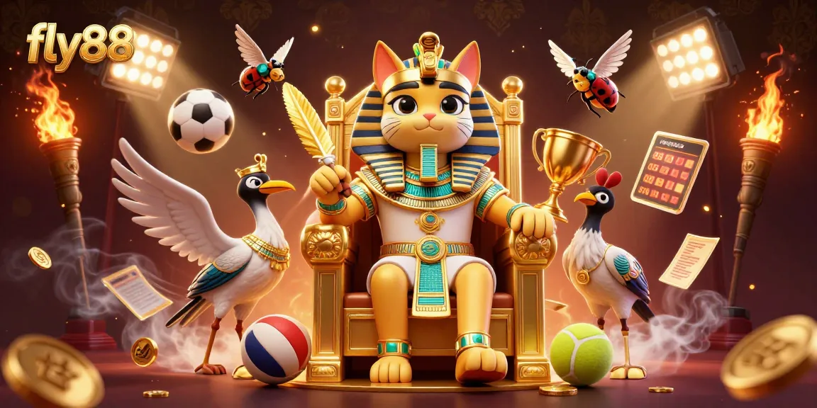 Place bets at fly88, featuring an Egyptian-themed casino with golden elements and vibrant sports action.