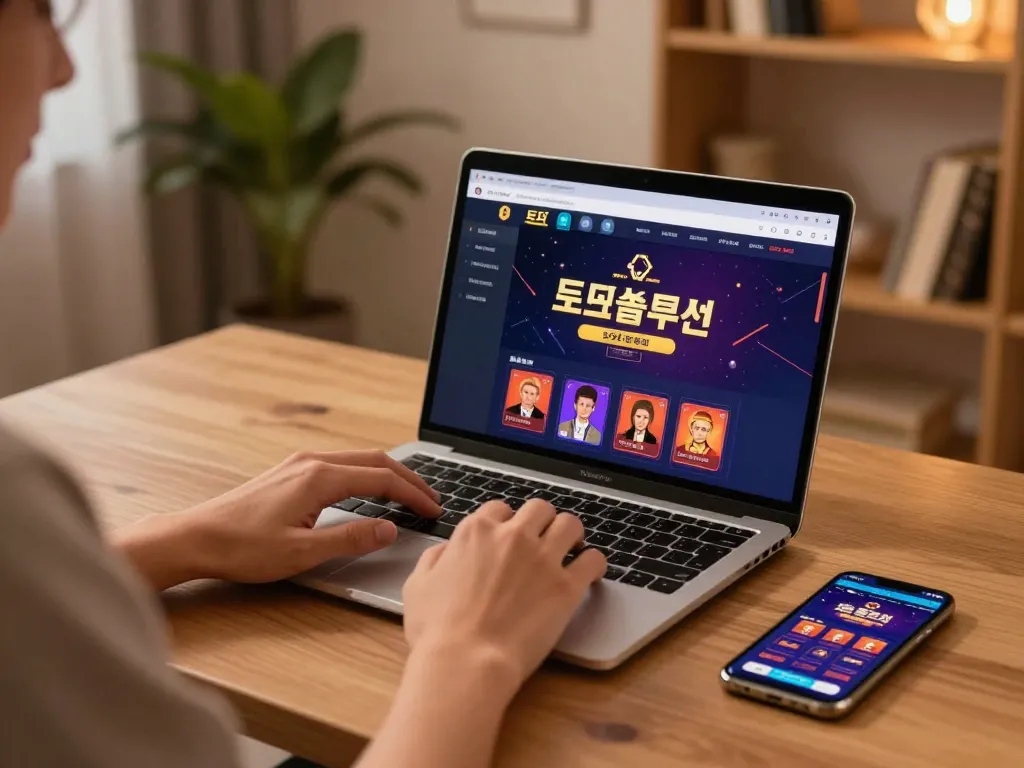 집에서 토토솔루션 온라인 게임 인터페이스에 집중하는 참여적인 사용자, 현대 도박을 설명합니다.