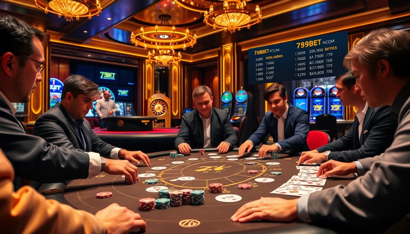 Players enjoying exciting games at a 789BET casino table, showcasing intense poker action and vibrant atmosphere.
