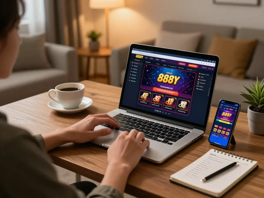 Engaging lifestyle scene showing a player enjoying 888NOW online casino games in a cozy home setting.