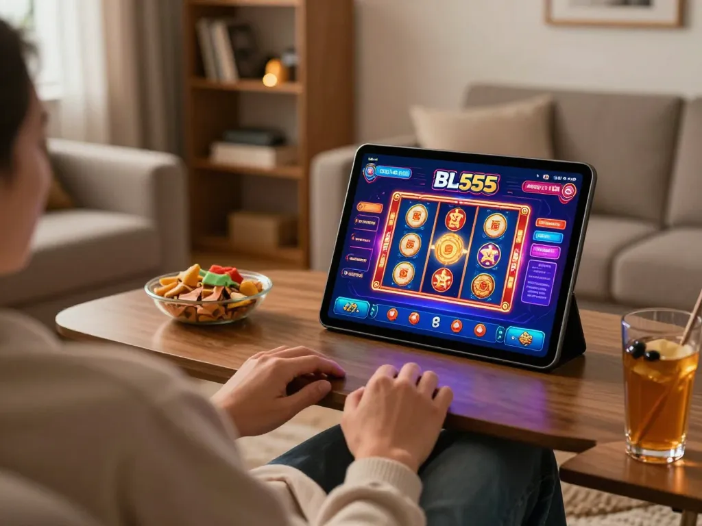 Engaging user playing in a cozy home setup using the BL555 casino app on tablet with dynamic game graphics.