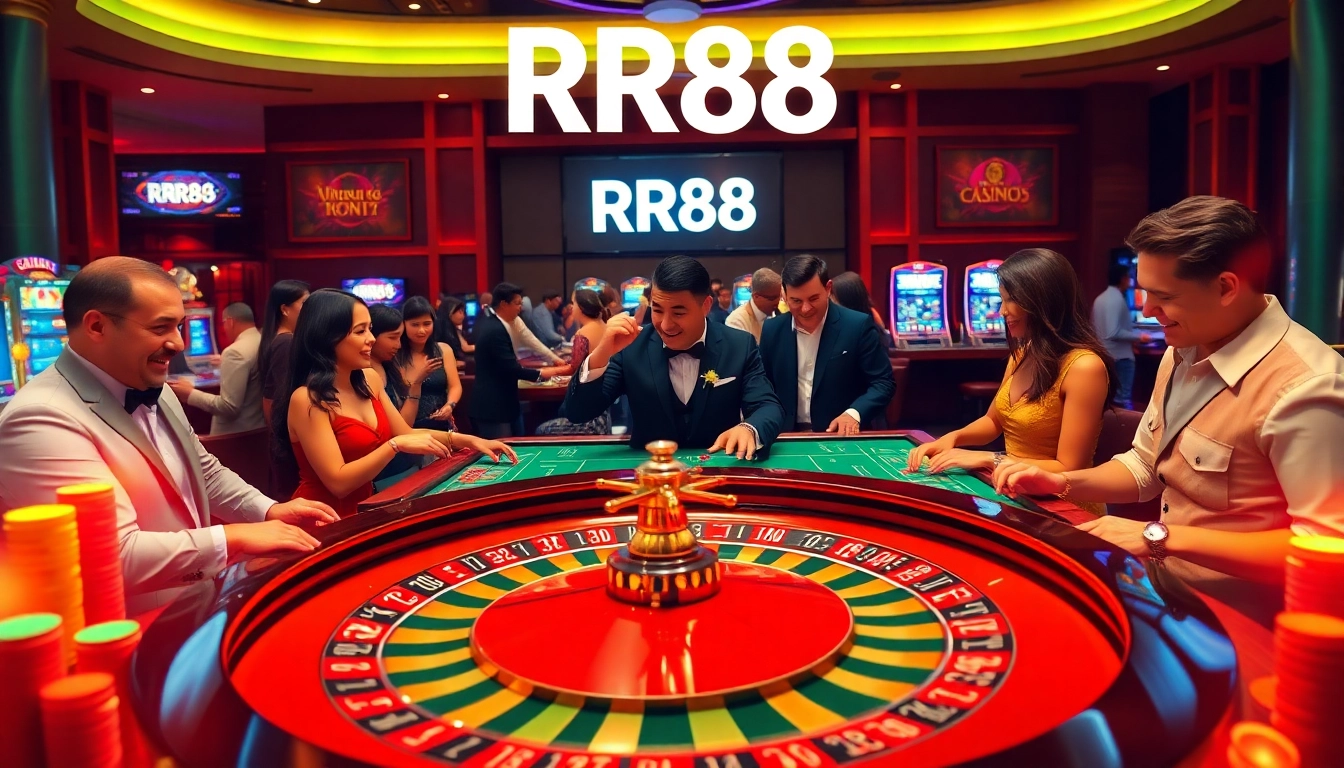 RR88 players engaging in thrilling roulette bets with vibrant casino ambiance.