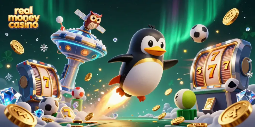 Experience the excitement of a real money casino with a golden penguin and vibrant casino elements.