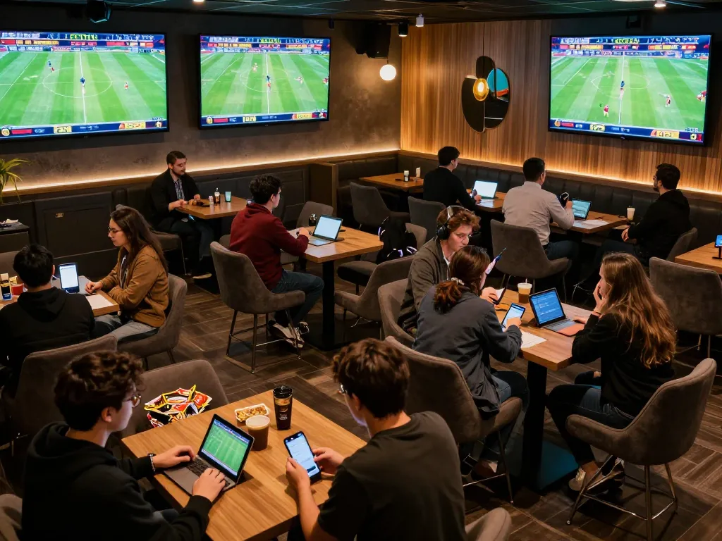 A bustling sports betting lounge where bettors use apps to analyze odds at tylekeonhacai88 during live matches