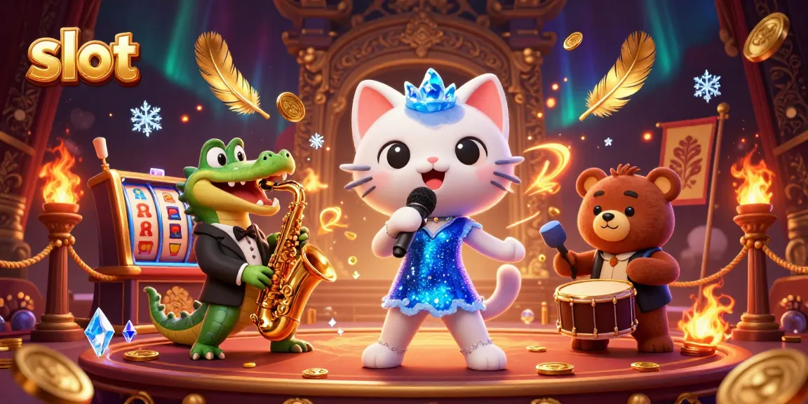 Spin thrilling slot games with a jazzy cat, crocodile, and bear in a vibrant casino scene.