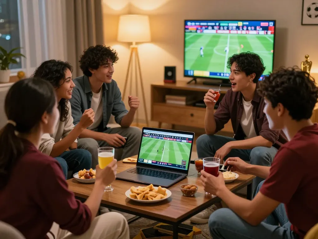 Friends engaging in lively sports betting on footballl during a fun game night.