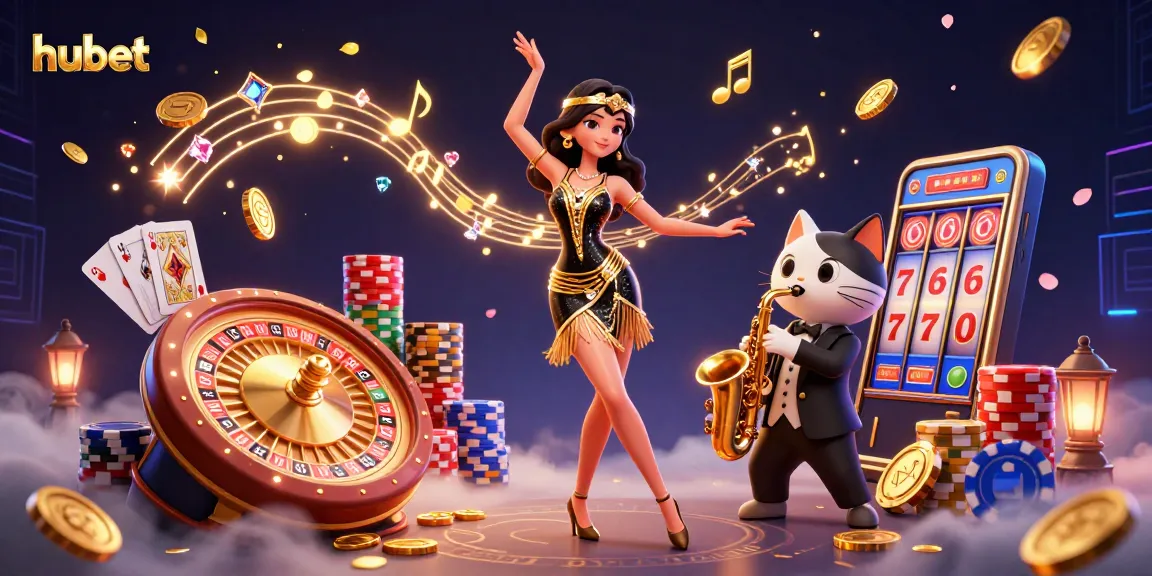 Experience winning moments at hubet with a vibrant casino scene featuring a flapper dancer, saxophone-playing cat, and dynamic game elements.