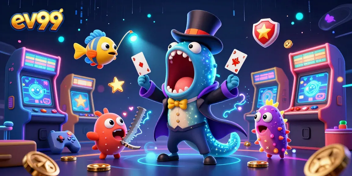 ev99 illuminates this whimsical casino scene with an eel magician performing card tricks amidst vibrant gaming elements.