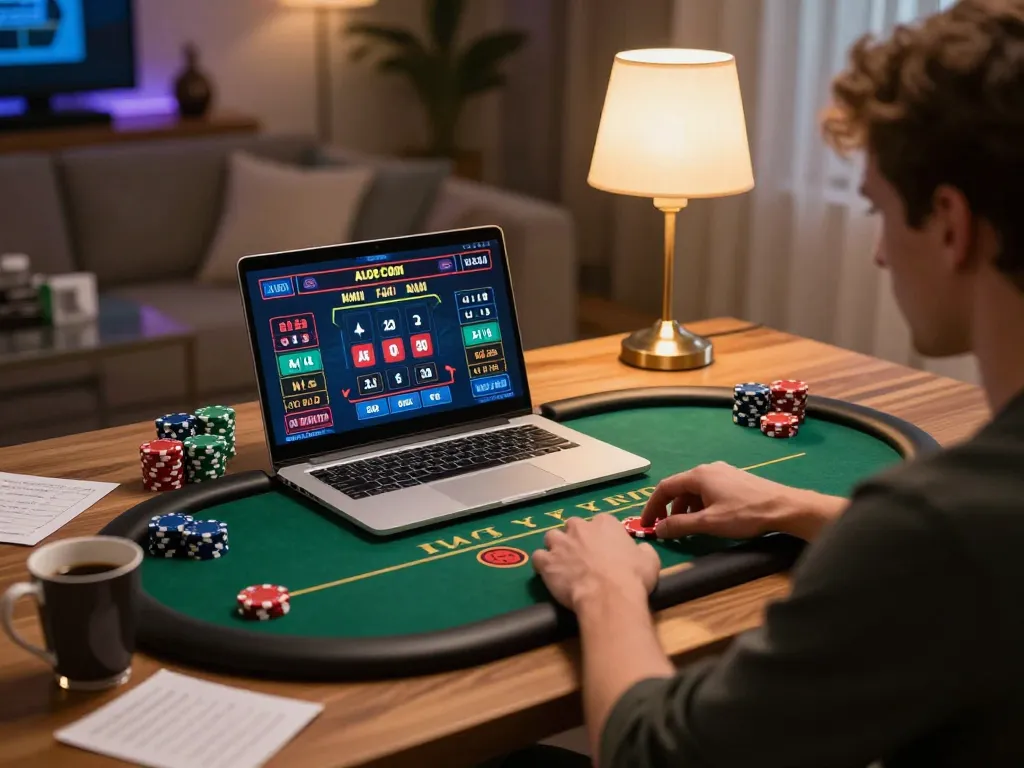 Engaged player using laptop for online poker game at ALO8 COM, showcasing a vibrant gaming setup.