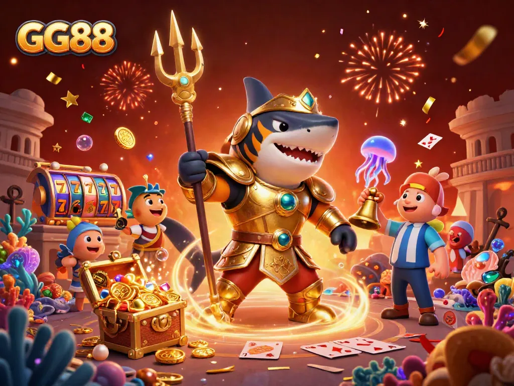 Witness exciting action in GG88 as a tiger shark fights for treasures in a dynamic casino underwater scene.