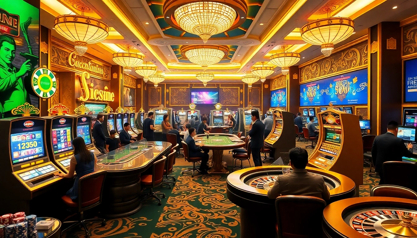 Engaging casino scene promoting thien ha bet with vibrant gaming activities and luxurious atmosphere.