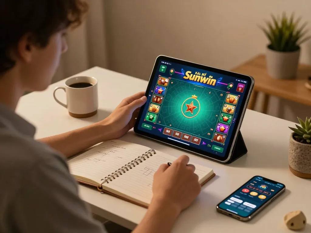 Tài Xỉu Sunwin gameplay on tablet in a cozy home setting, highlighting strategic betting.