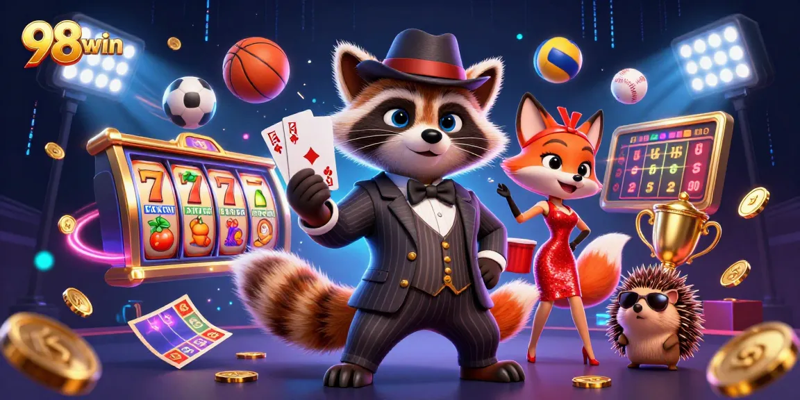 Join the 98win casino experience with a raccoon holding a royal flush, featuring vibrant slots elements.