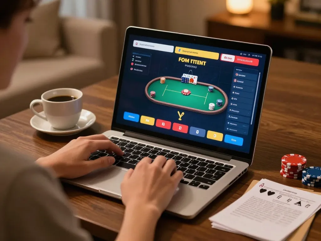Engaging poker gameplay interface on O8 com laptop showcasing strategy notes and warm ambiance.
