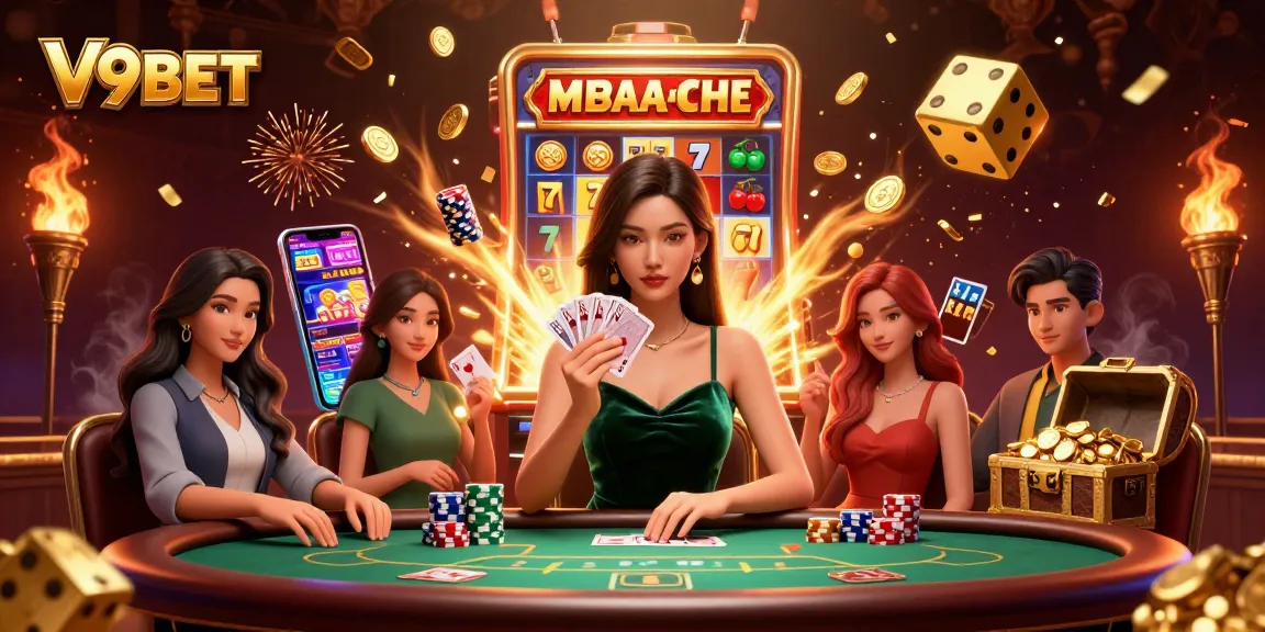 Experience the thrill of V9BET with a captivating casino scene featuring a stunning poker player amidst jackpot excitement.