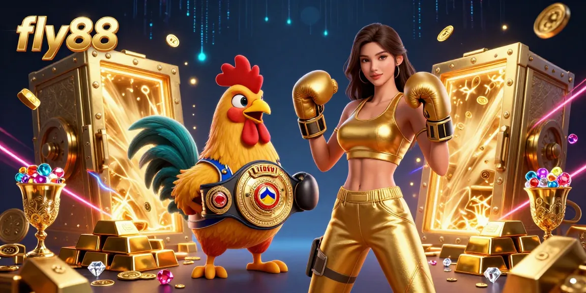 Experience thrilling bets with fly88 featuring a powerful woman and championship rooster amidst treasures.
