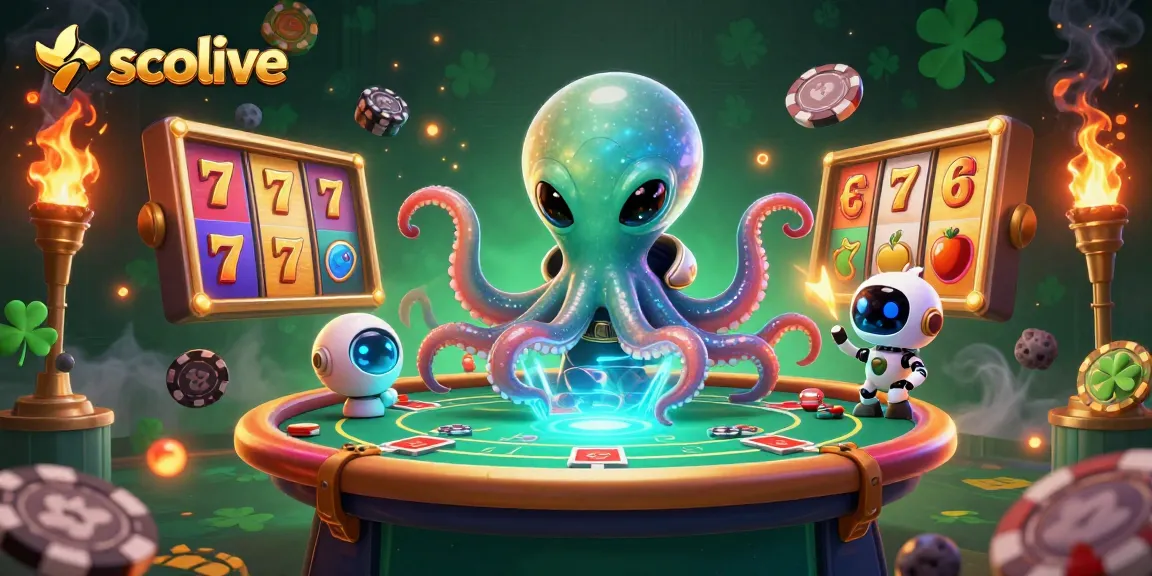 Socolive entertains players with a holographic poker table operated by a space octopus in a vibrant casino scene.