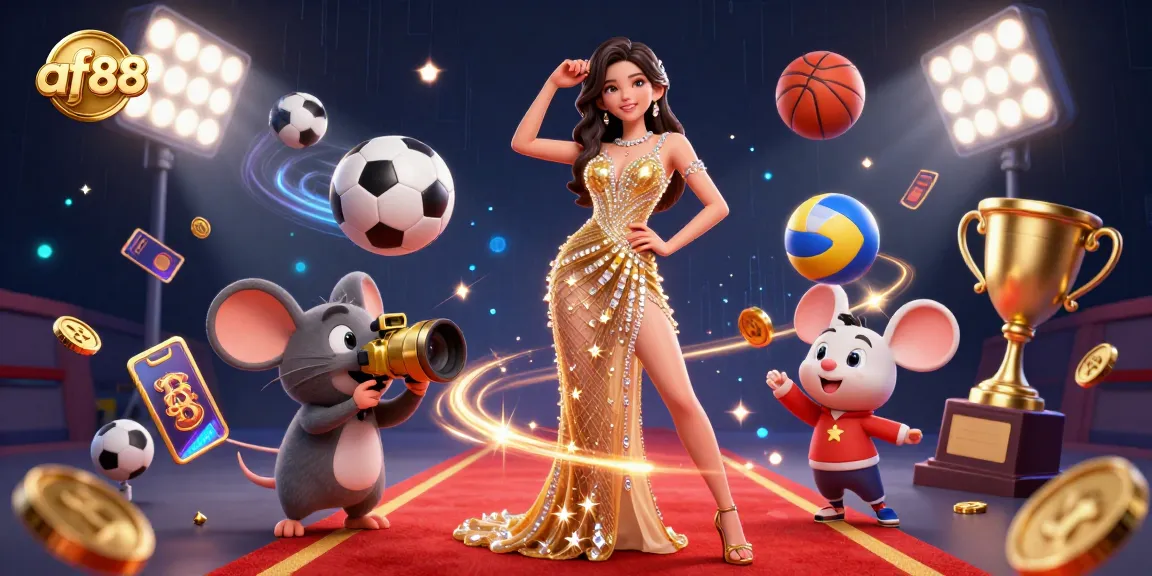 Experience the thrilling gaming atmosphere of af88 with vibrant characters, gold elements, and dynamic sports imagery.