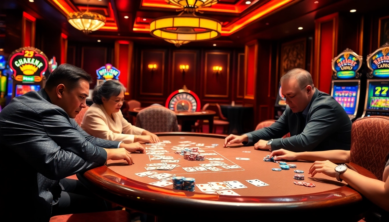 Excited players engaging in 68 game bài at a luxurious casino table with colorful chips and cards.