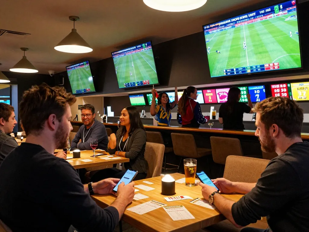 Engaged fans using keo nha cai apps for real-time sports betting in a vibrant lounge