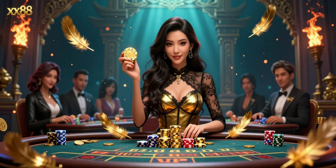 Experience high-stakes gaming at xx88 with stunning visuals of baccarat and golden chips.