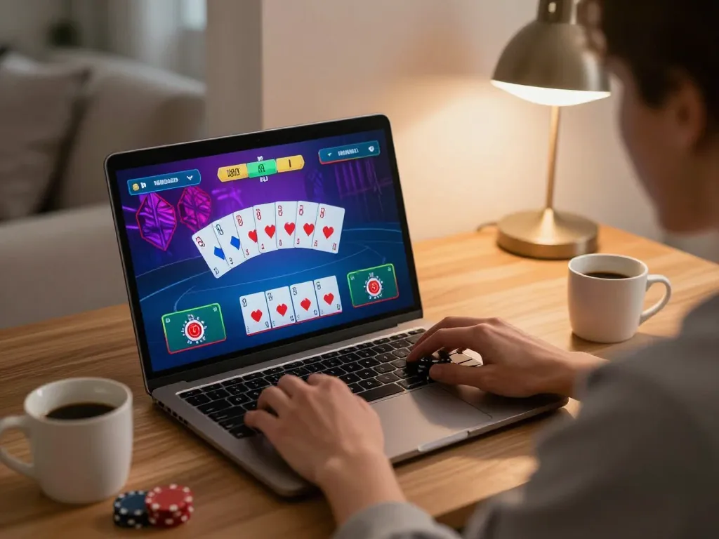 Engaging gaming session at jun88 with vibrant poker gameplay on a laptop screen.