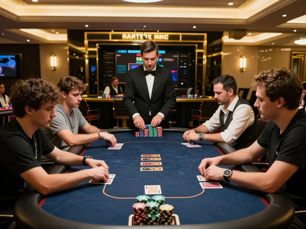 GO8 poker players in a luxurious casino strategizing their bets during an intense game.