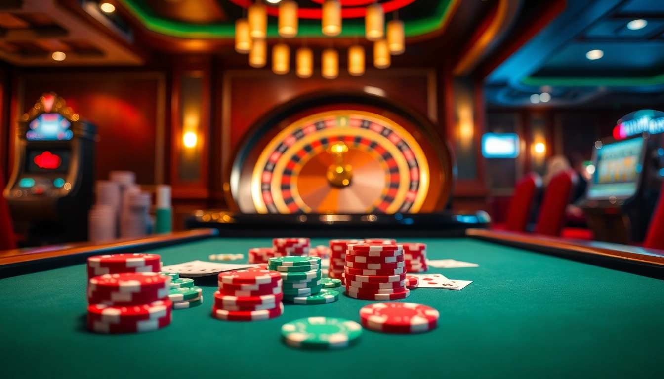 Experience the thrill of game kim88 at an elegant casino gaming table filled with vibrant chips and cards.