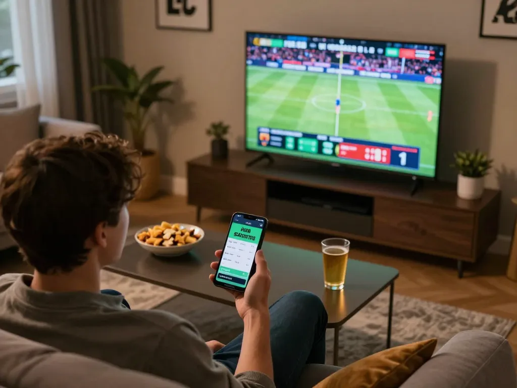 Engaged player using a smartphone for sports betting on 9win during a thrilling game.