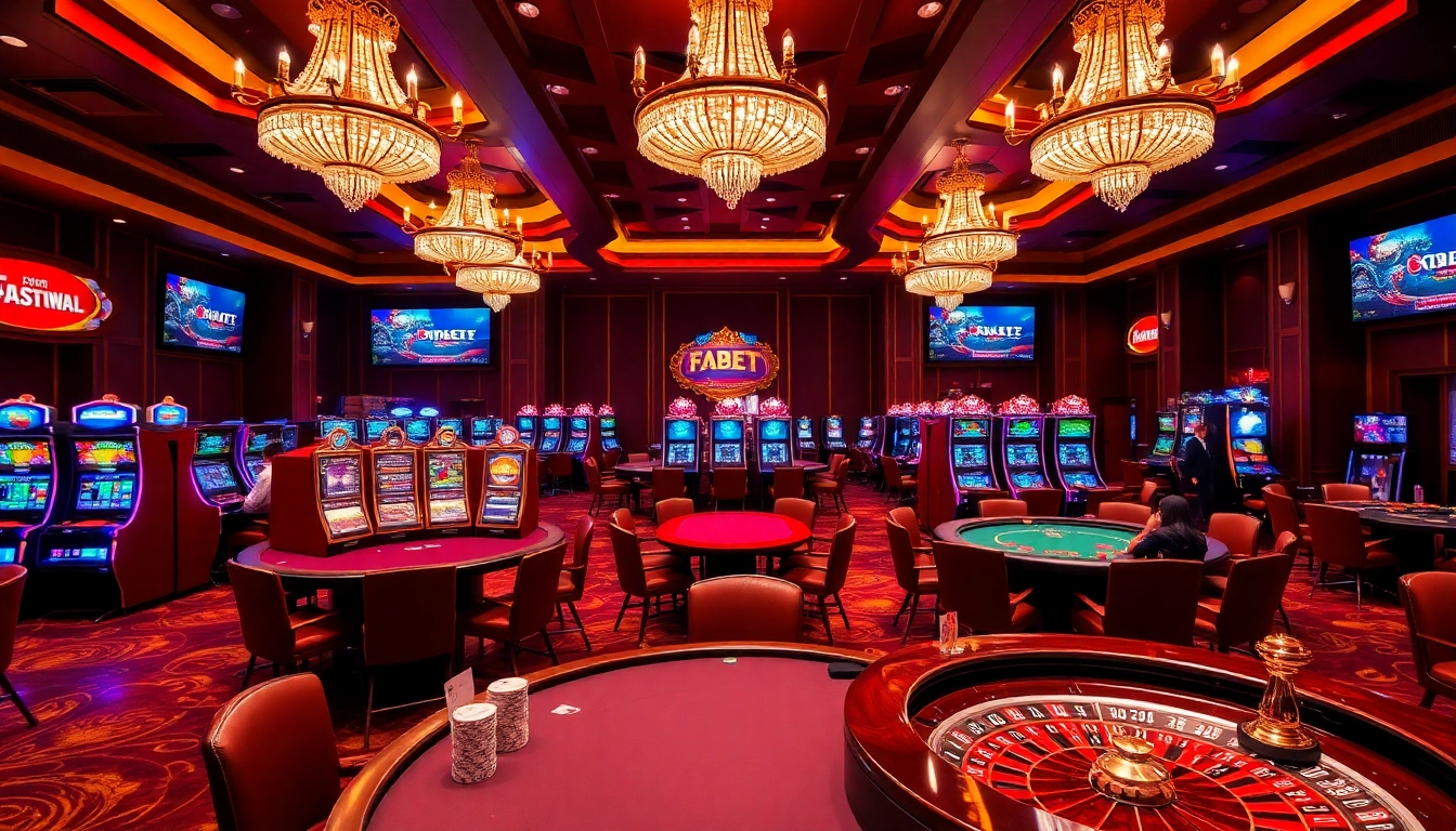 Exciting gaming scene at https://fabet3.com/ featuring poker tables, slots, and vibrant ambiance.