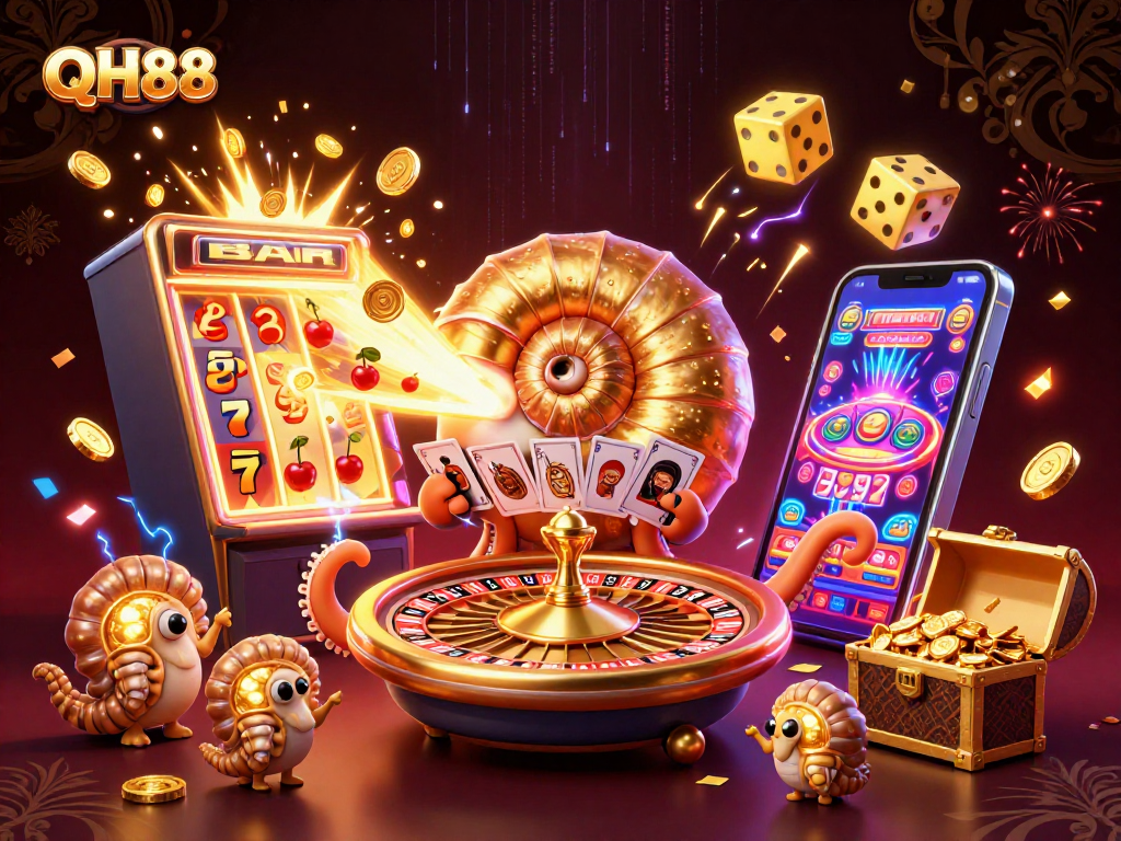 Experience the thrill of QH88 casino games with a vibrant, dynamic 3D illustration.