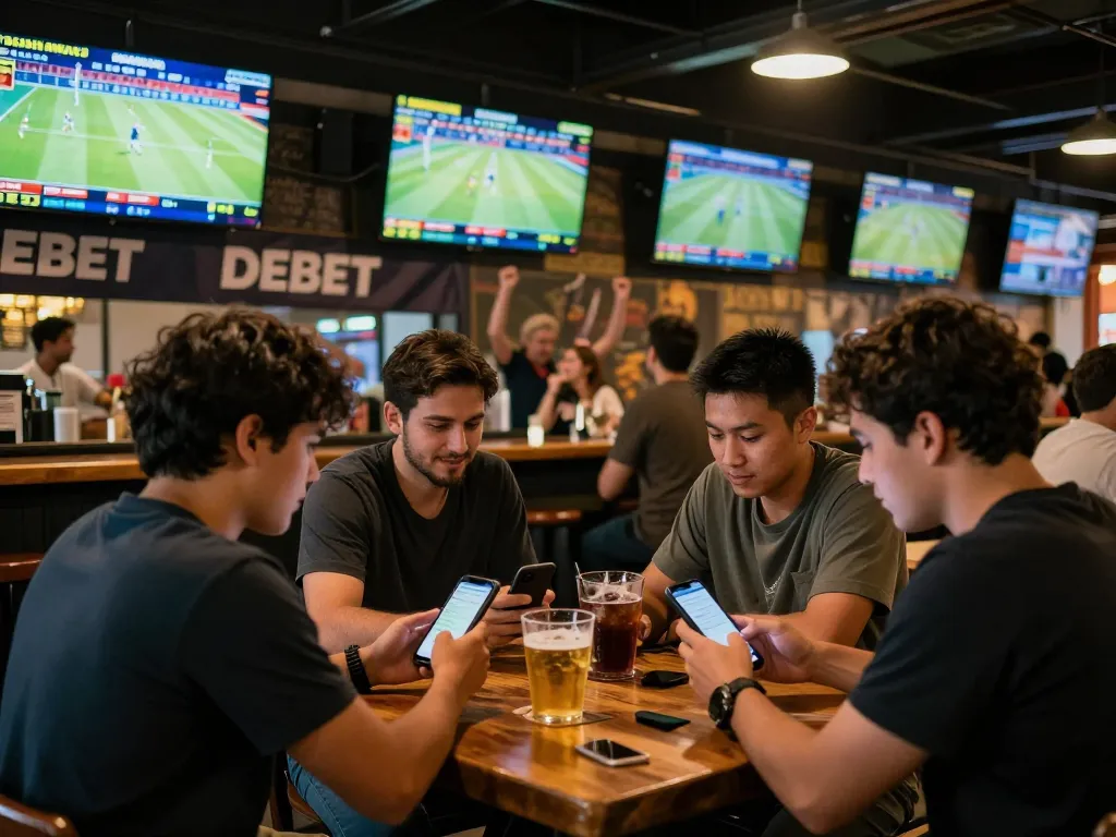Cheerful patrons engaged in sports betting, analyzing debet odds at a lively bar