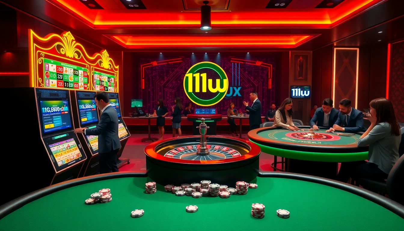 Gambling enthusiasts enjoying an exciting 11uu online casino experience with vibrant slot machines and poker tables.