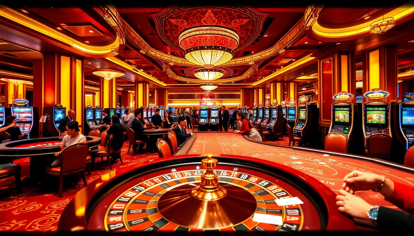 A lively moment at nhà cái F168 casino featuring players engaging at poker and roulette tables.
