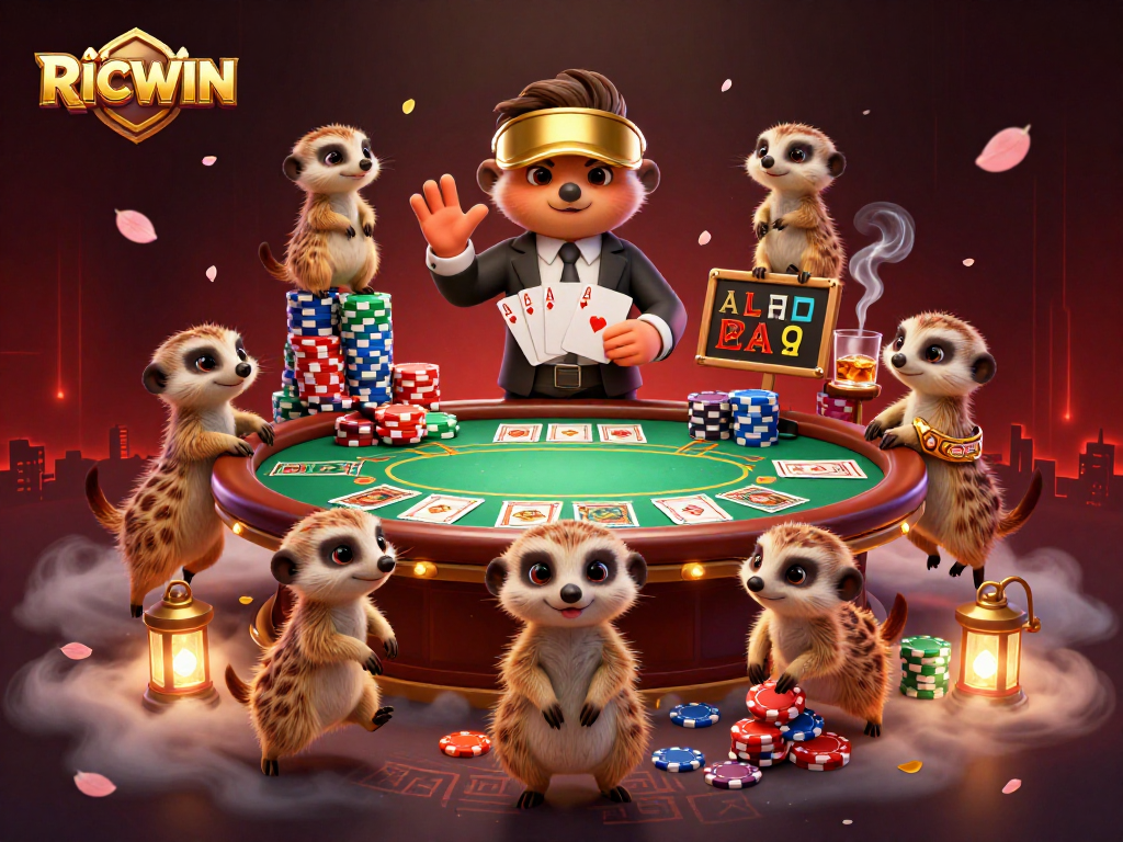 Experience RICWIN action in a lively cartoon casino scene with meerkats and chips.