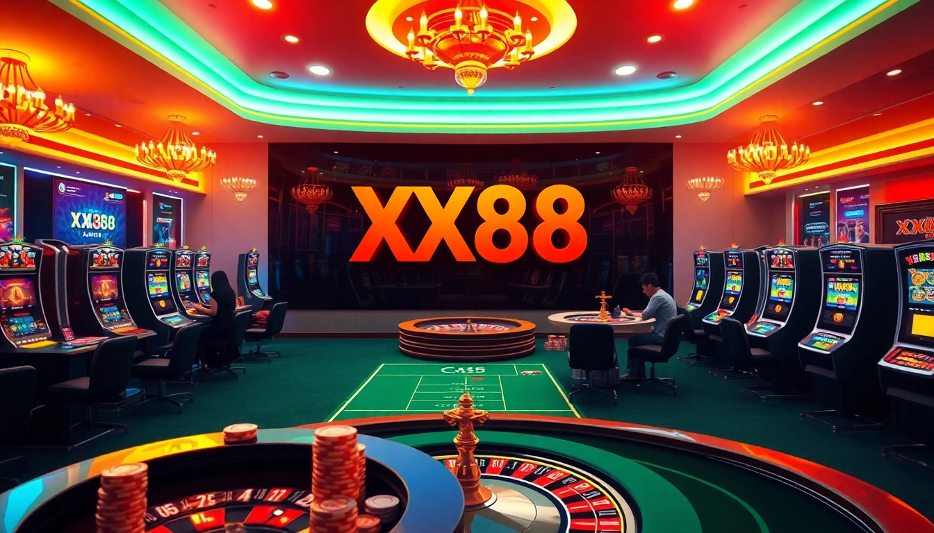 Players enjoying a thrilling gaming experience at XX88 casino, featuring vibrant slots and roulette.