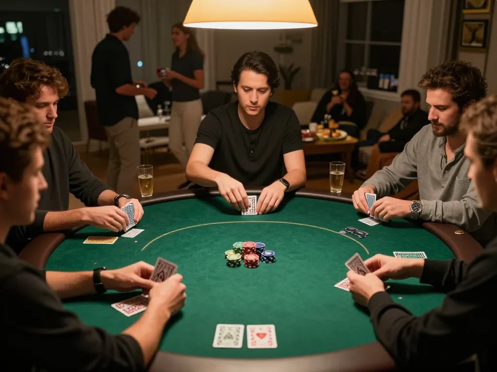 Players enjoying a strategic poker game at home with Jun88, showcasing tournament action.