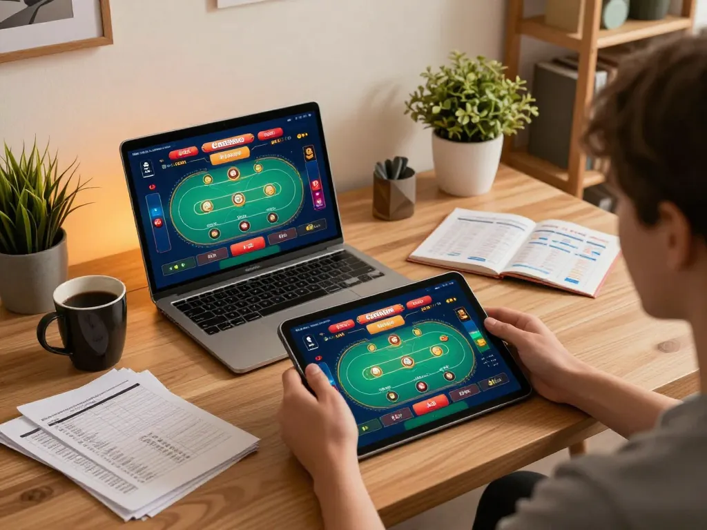 Player using the ug88 app for online poker in a cozy home office setting.